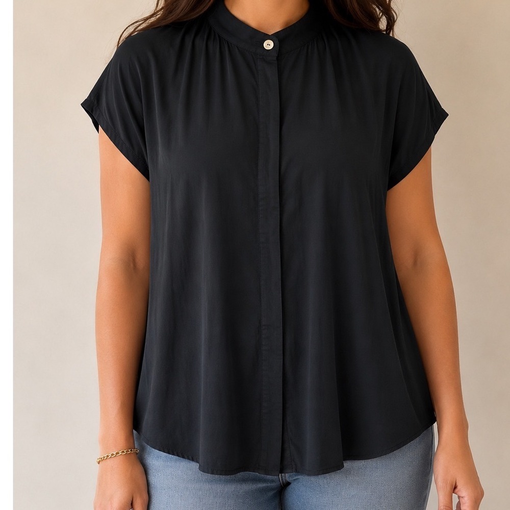 Vince Black Silk Blend Mock Neck Sleeveless Blouse XL Hidden Button Draped Back